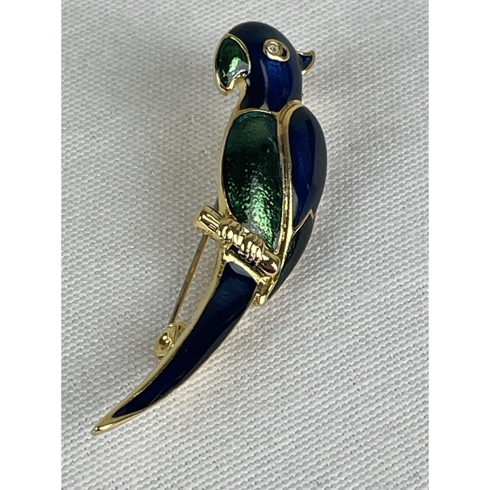 Vintage Tropical Parrot On Branch Brooch Jewel Green Blue Enamel Crystal Eyes
